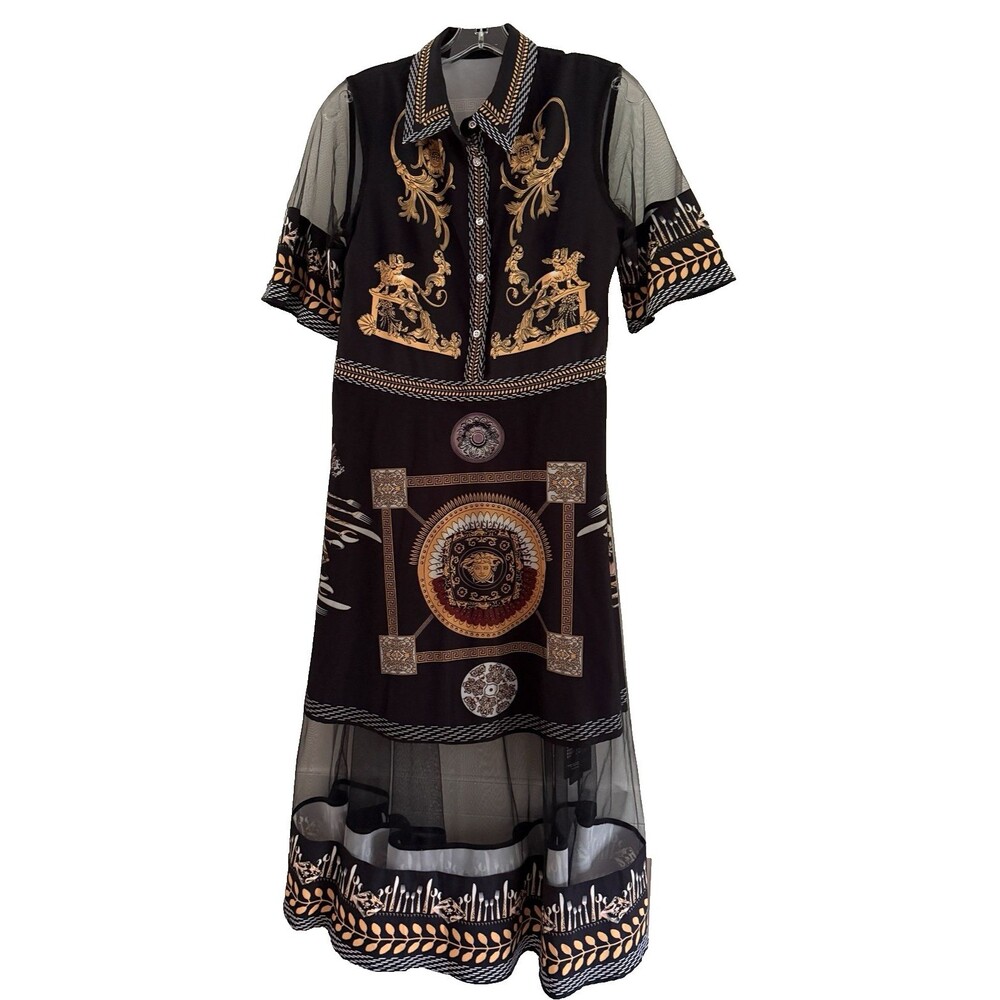 NWT Burryco Black Gold Baroque Medusa Graphic Dress Mesh Overlay Silverware Sz 8
